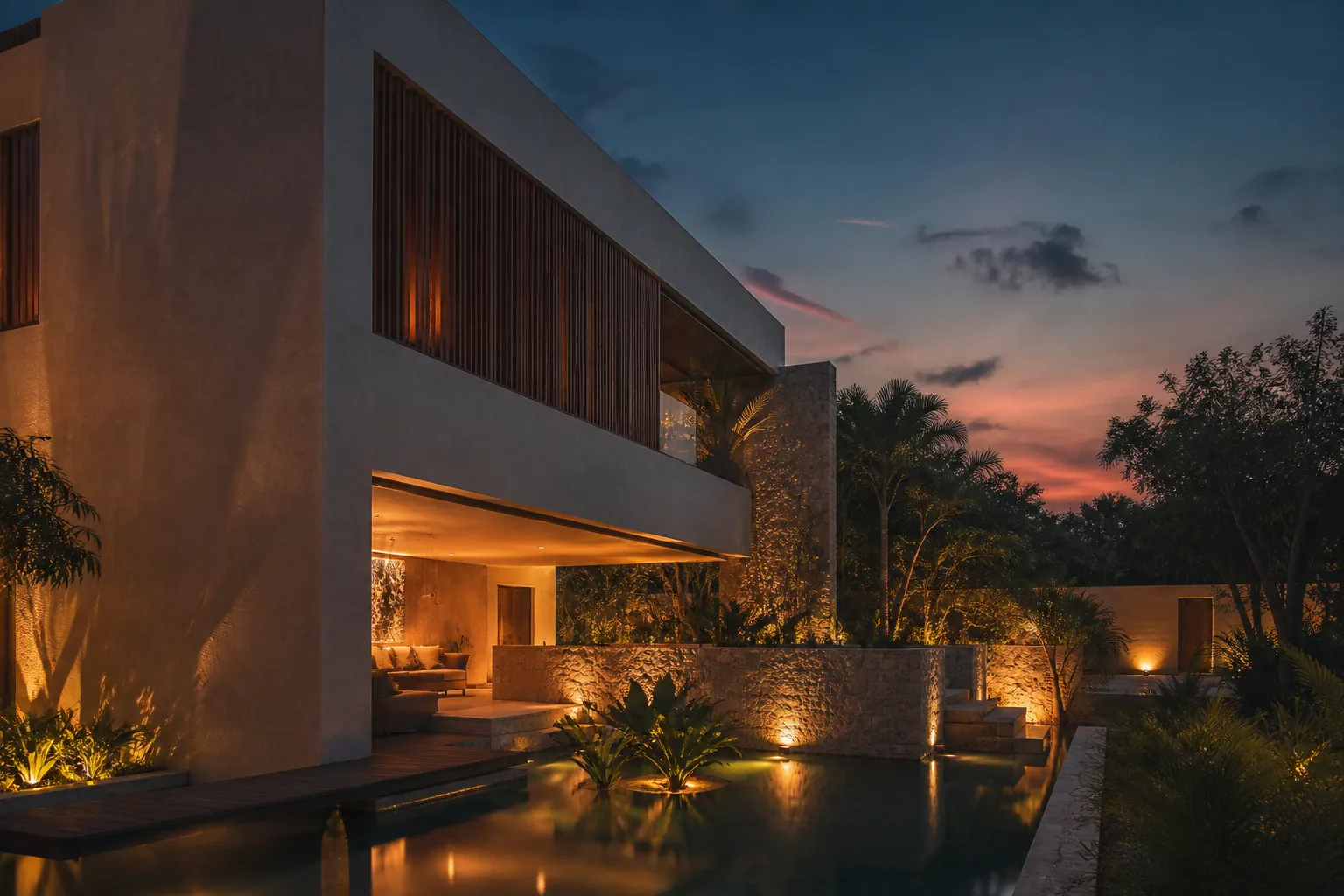 Fachada contemporánea iluminada al atardecer