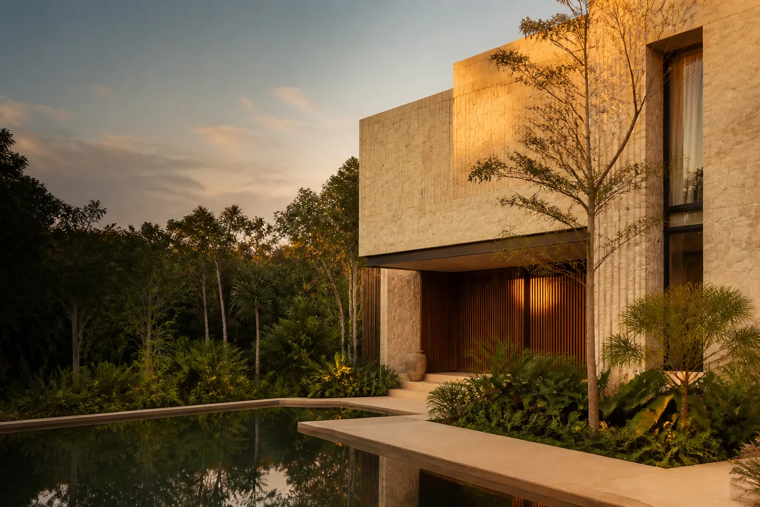 Contemporary stone house surrounded by tropical trees in Mérida, Yucatán